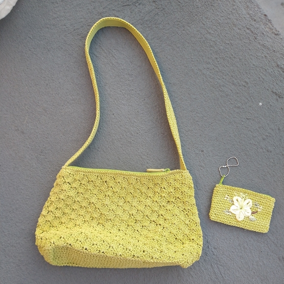 Bohemian Vintage Rayon Woven Embroidered Handbag/wallet set Liz Claiborne Green - Picture 1 of 7